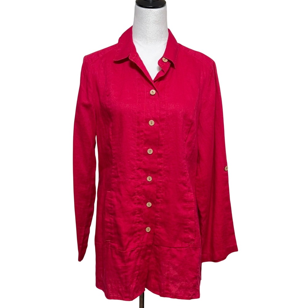 Soft Surroundings Tunic Women Medium Pink Shirt Linen Button Down Long Sleeve